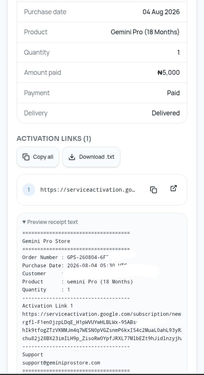 Order page showing a paid and delivered Gemini Pro order with its activation link and receipt